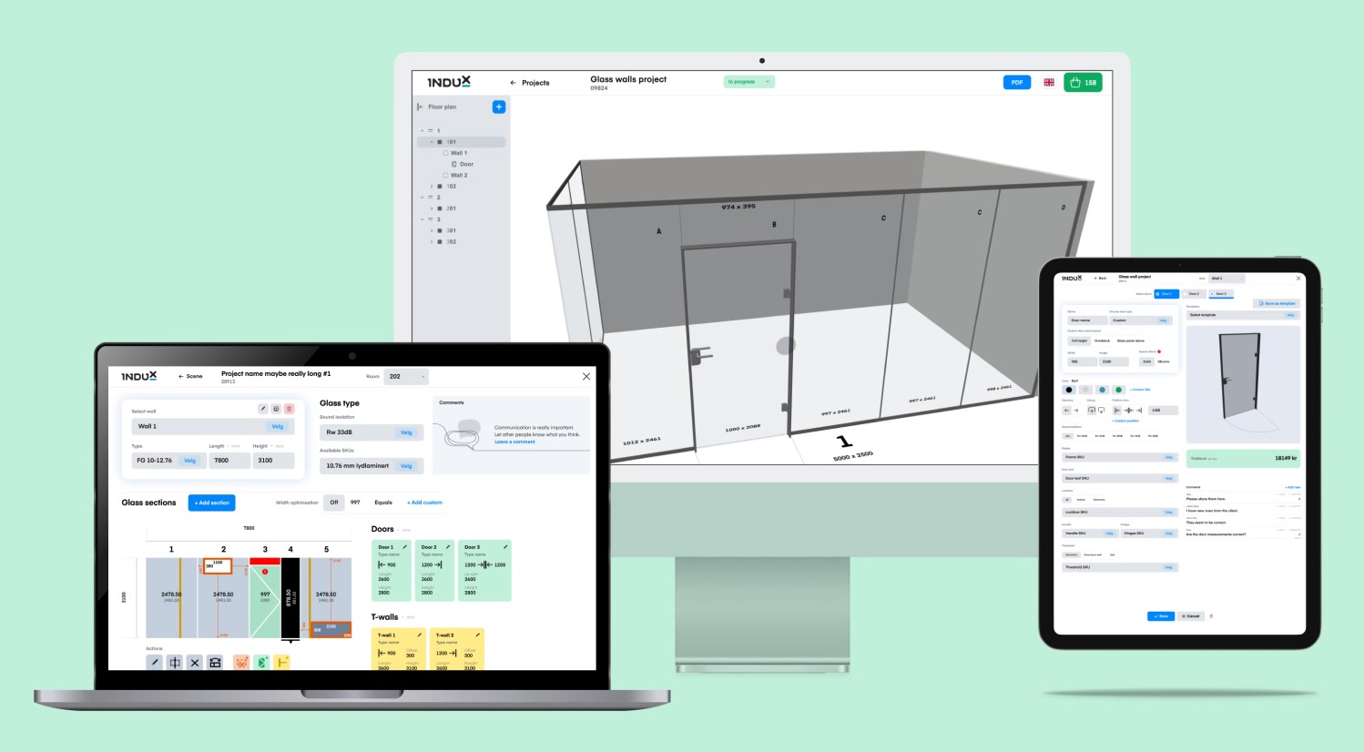 InduX 3D Wall builder-grensesnitt vist på skjerm, laptop og nettbrett.