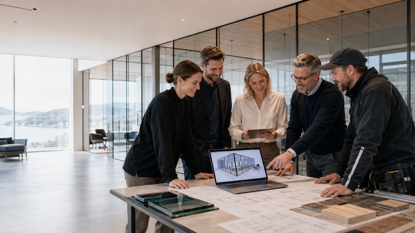 Prosjektteam som vurderer et glassveggdesign på en laptop i et moderne kontor.